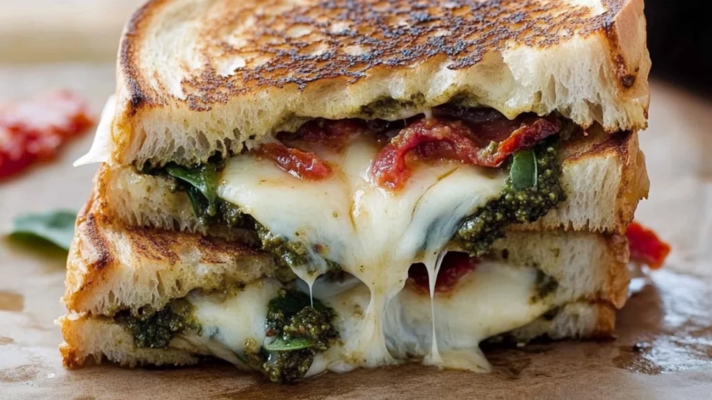 the sun dried tomato bacon pesto grilled cheese sandwich is cut in half and stacked on top of each other