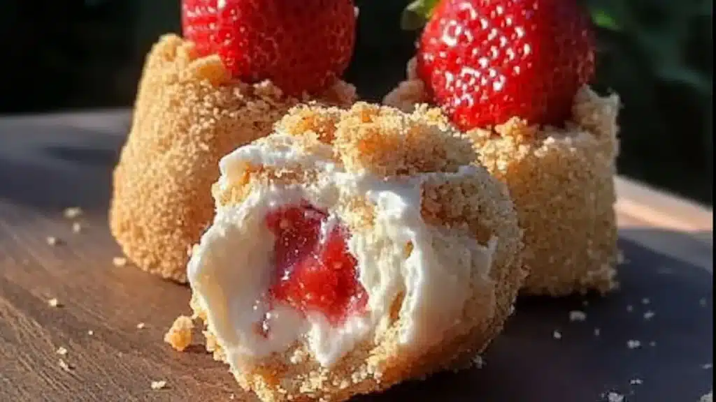 strawberry cheesecake crunch bites on a white plate