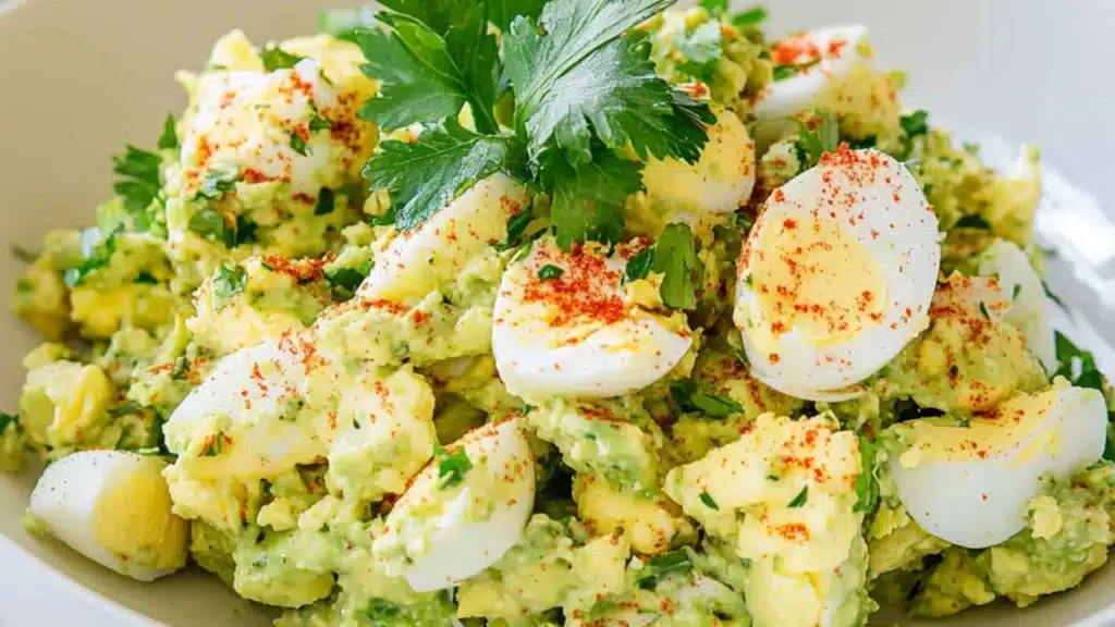 avocado egg salad on a white plate with the words low carb healthy keto