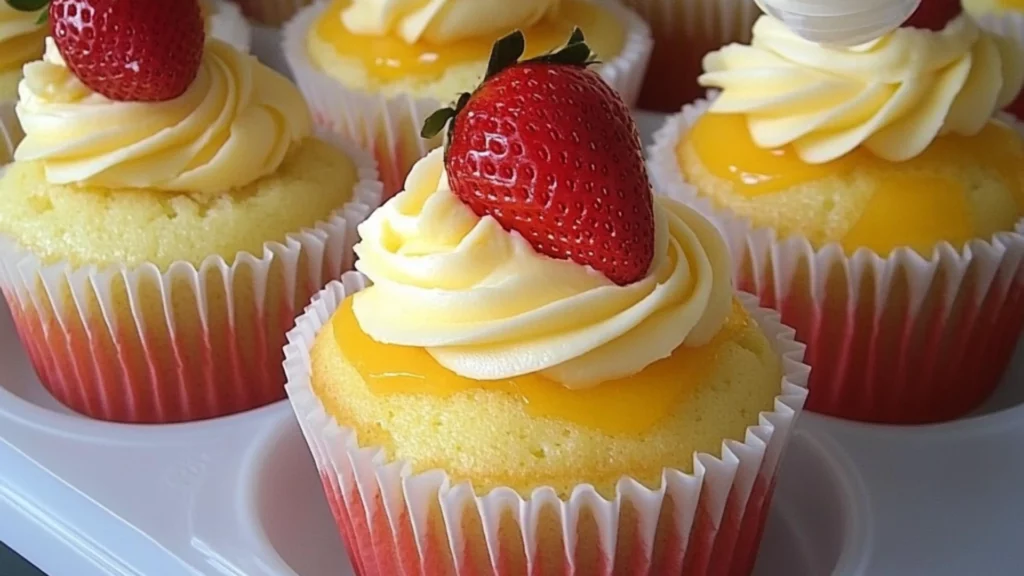 two pictures showing different types of cupcakes with strawberries and mango on top