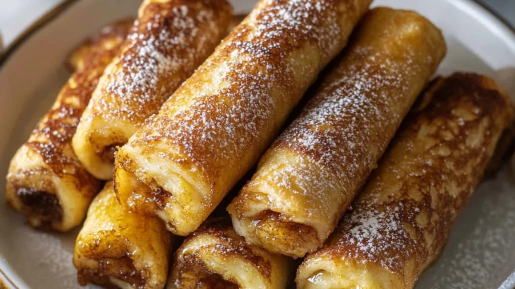 cinnamon roll french toast on a plate with the words cinnamon roll in front of it