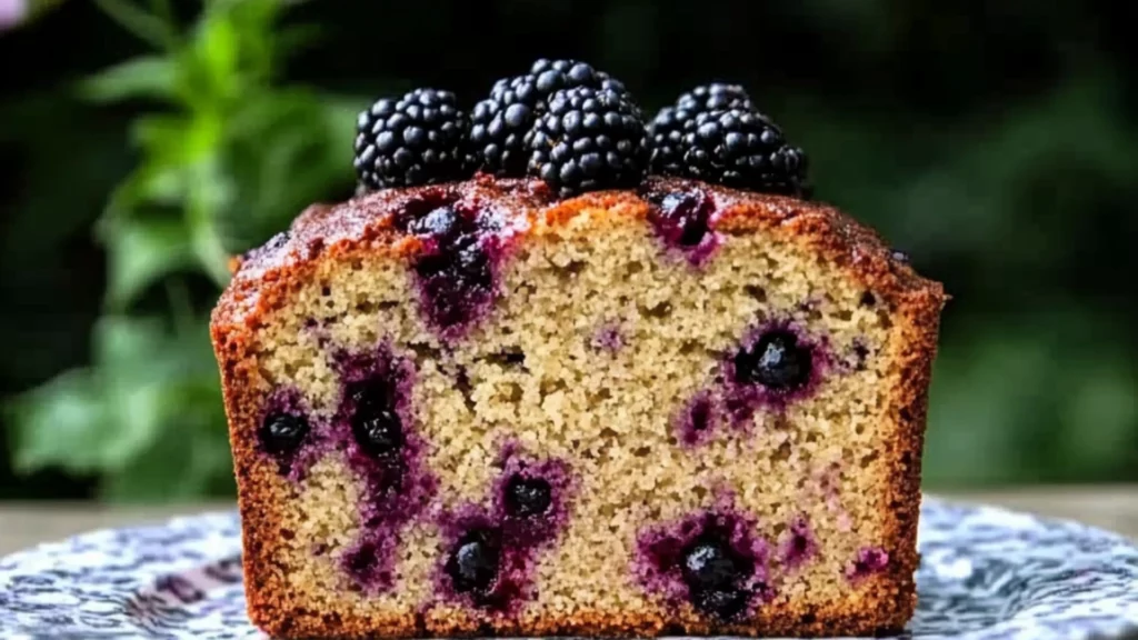 Two images of blackberry loaf. The first image shows the loaf on a white surface, with a few slices cut off. The second shows the loaf from the side, showing in the inside.