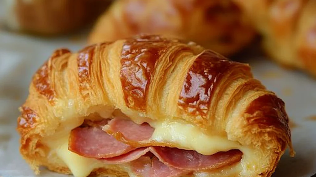 baked ham and cheese croissants on a plate