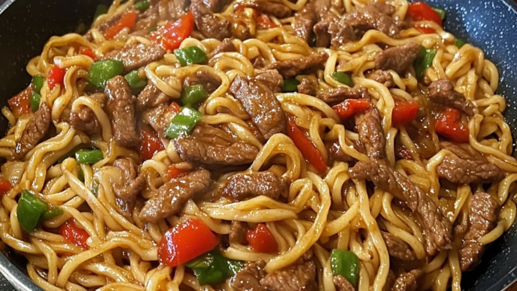 two pictures of beef noodles in a skillet with the words hoisin beef noodles recipe