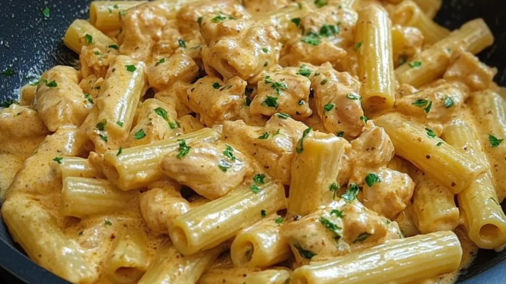garlic butter chicken with rigatoni and parmesan pasta in a black bowl