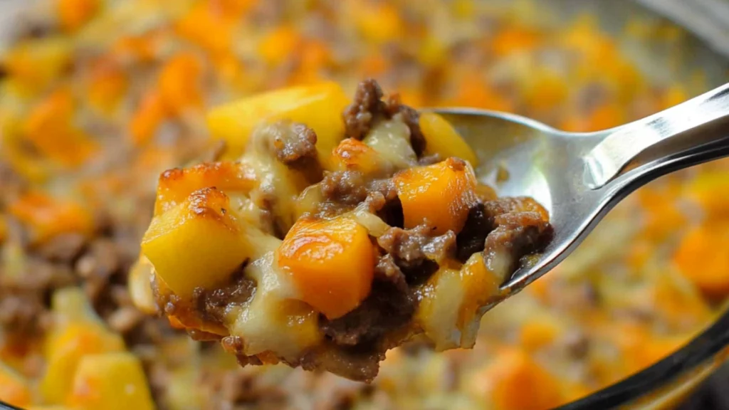 a casserole dish with meat, potatoes and carrots