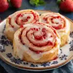 easy strawberry cheesecake sweet rolls with icing and strawberries