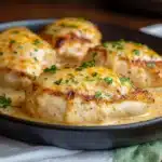 a casserole dish with cheese and parsley on top