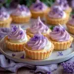 A close-up of mini lemon tarts with lilac-colored meringue swirls