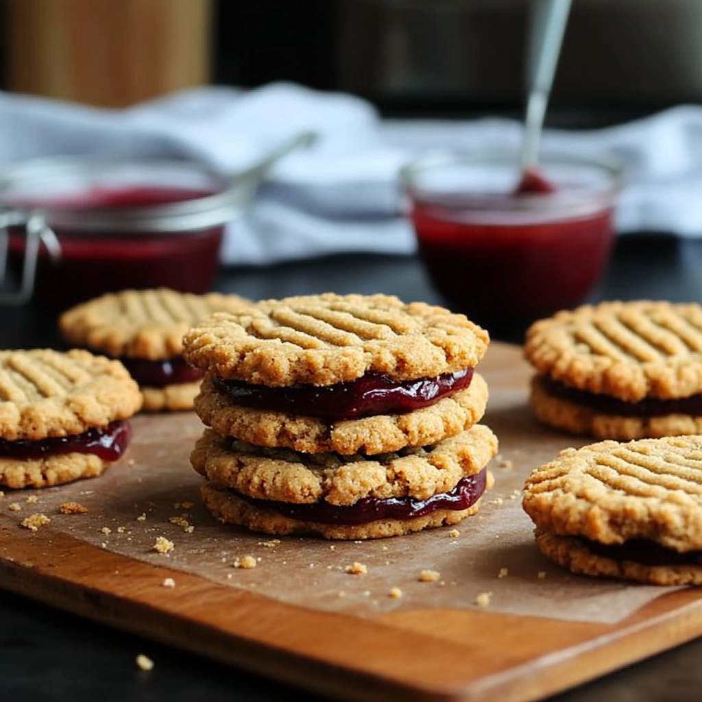 Healthy Flourless Peanut Butter & Jelly Cookie Sandwiches