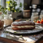 some cookies that are sitting on a cooling rack with powdered sugar and cream frosting