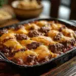 a casserole dish with cheese and ground beef
