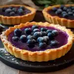 blueberry ganache tarts with fresh blueberries on the side and text overlay
