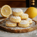 lemon coconut cheesecake cookies stacked on top of each other