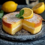 lemon custard cake with powdered sugar on top and sliced in half to show the layers