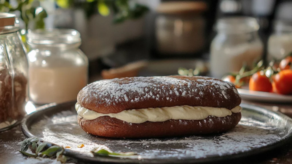 some cookies that are sitting on a cooling rack with powdered sugar and cream frosting