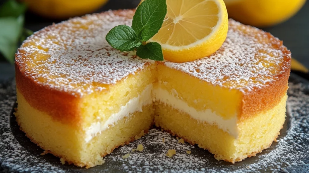 lemon custard cake with powdered sugar on top and sliced in half to show the layers