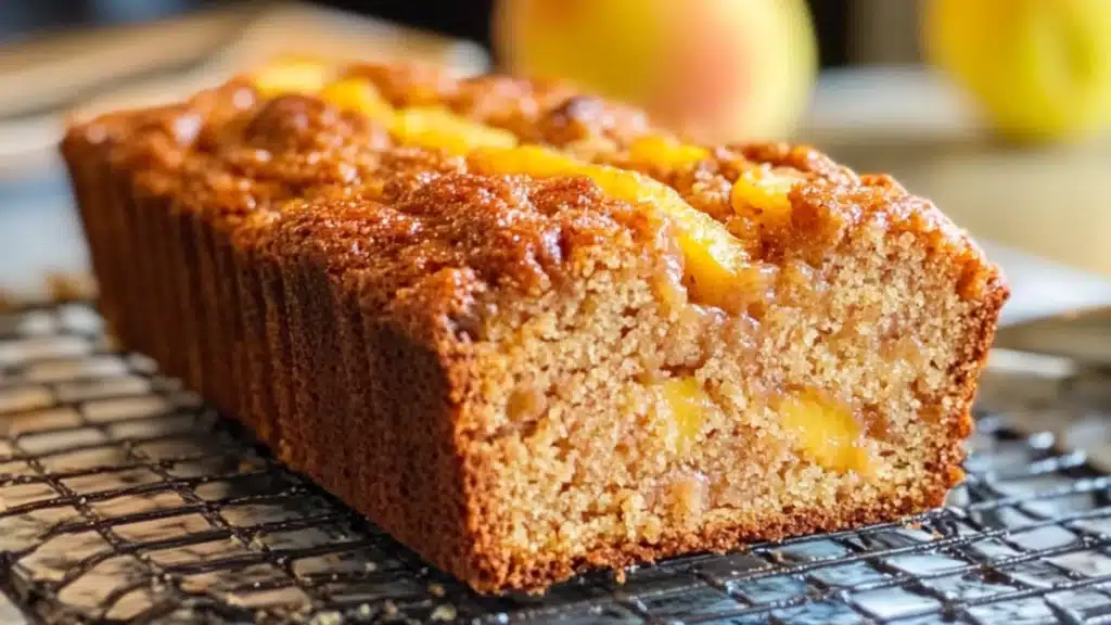 this southern peach bread is made with fresh peaches and topped with sour cream