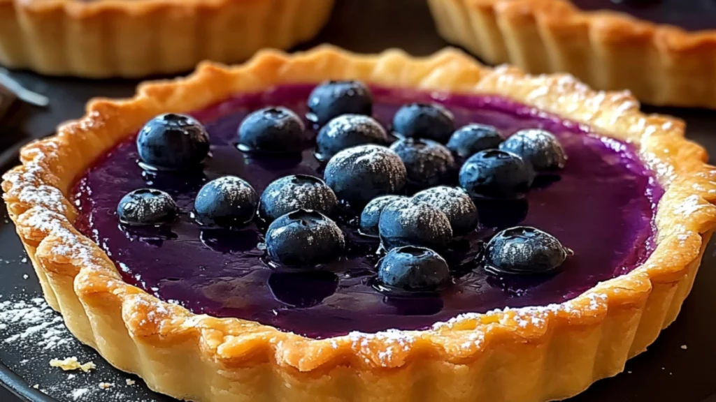 blueberry ganache tarts with fresh blueberries on the side and text overlay