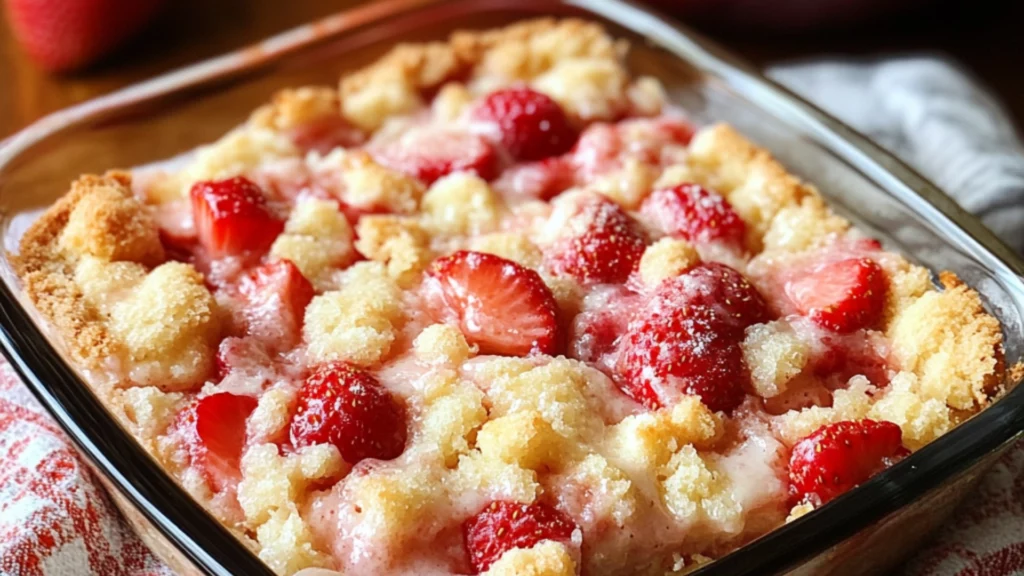 four different types of desserts in plastic containers with the words, 4 ingredient strawberry cheesecake dump cake