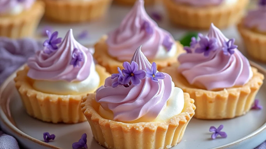 A close-up of mini lemon tarts with lilac-colored meringue swirls