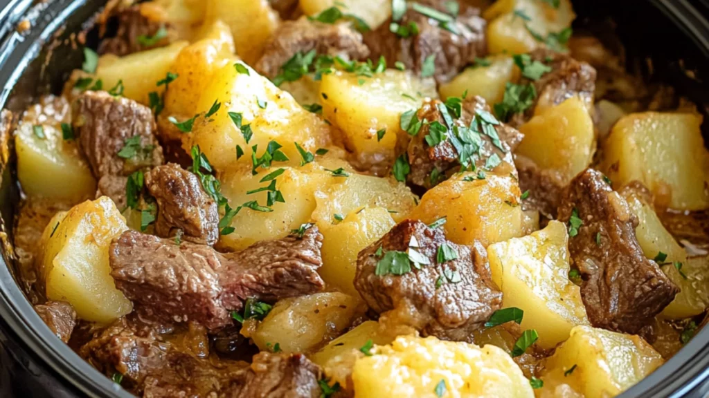 slow cooker steak and cheddar potato casserole is an easy dinner recipe