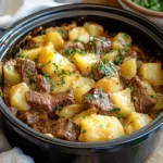 slow cooker steak and cheddar potato casserole is an easy dinner recipe