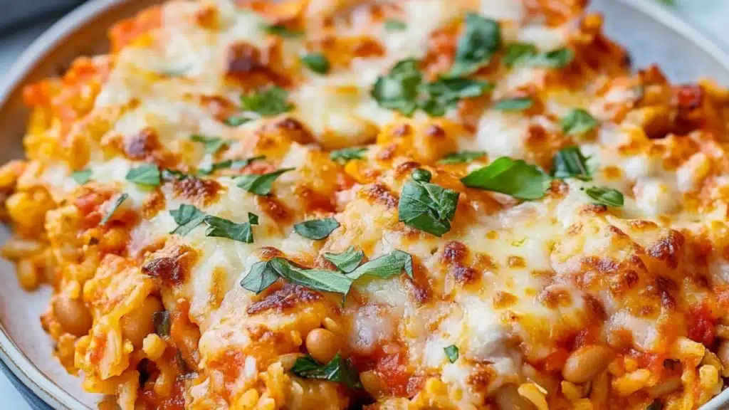 Vegetarian Pizza Casserole with White Beans and Rice