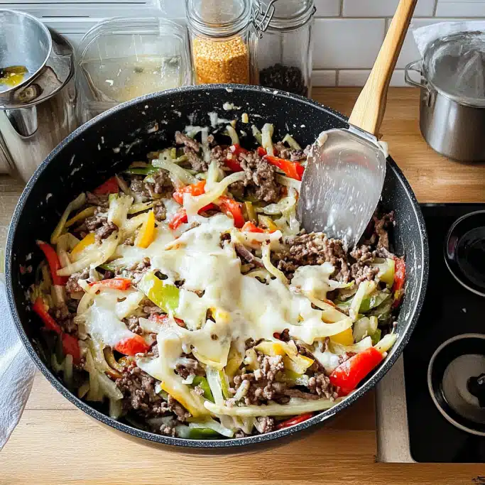 Philly Cheesesteak Skillet Using Ground Beef