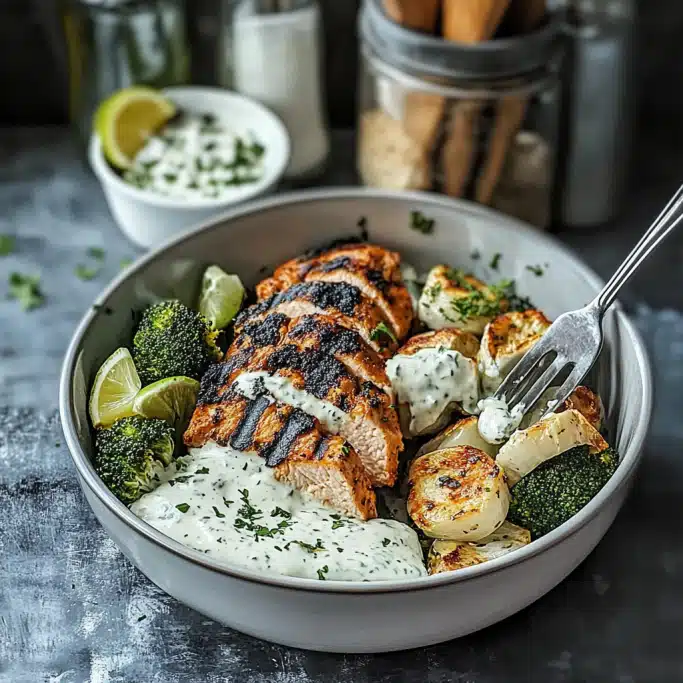 Grilled Chicken Broccoli Bowls with Creamy Garlic Sauce
