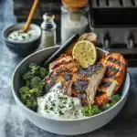 Grilled Chicken Broccoli Bowls with Creamy Garlic Sauce