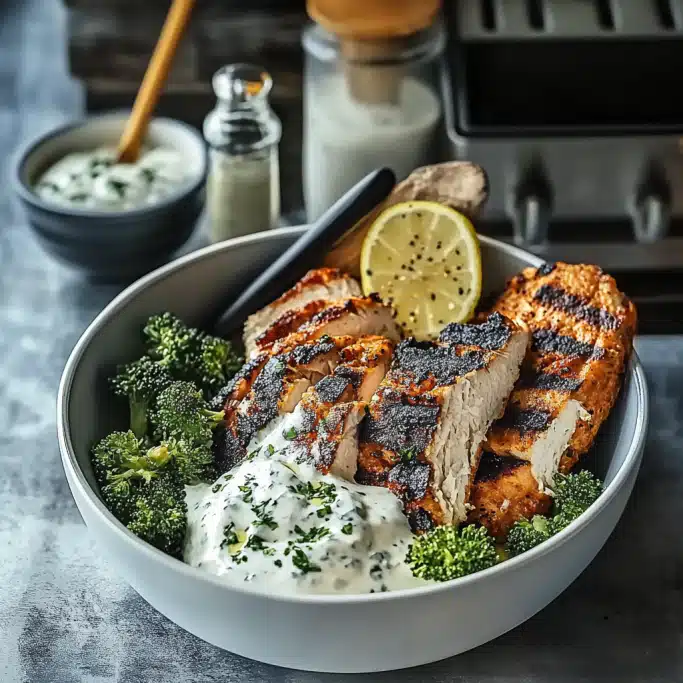 Grilled Chicken Broccoli Bowls with Creamy Garlic Sauce