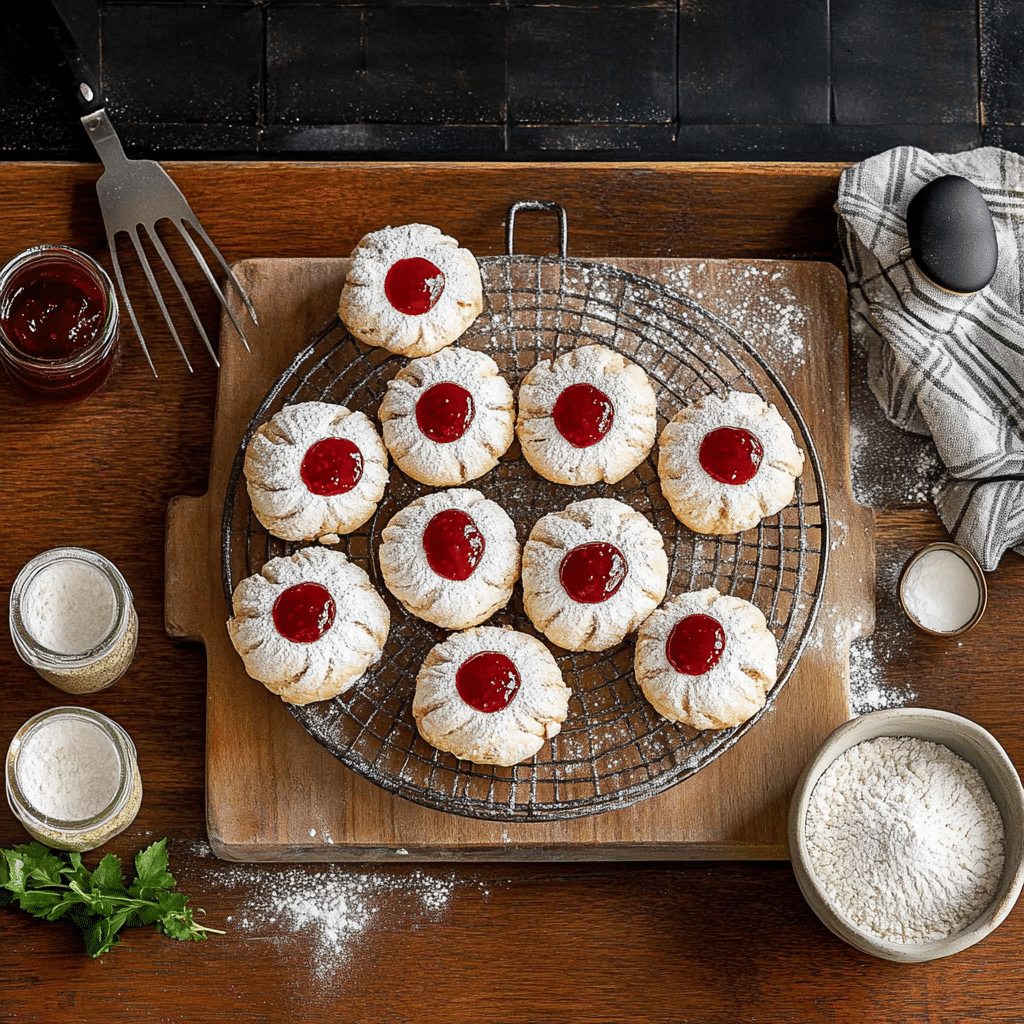 raspberry jam amaretti cookies on a cooling rack