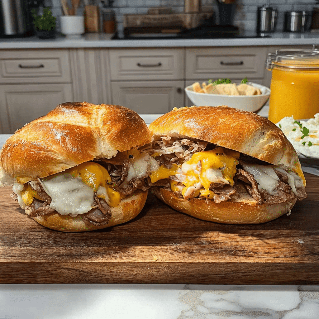 Crockpot Shredded Beef and Cheddar Sandwiches
