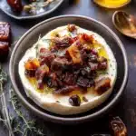 Whipped Goat Cheese with Warm Candied Bacon and Dates.