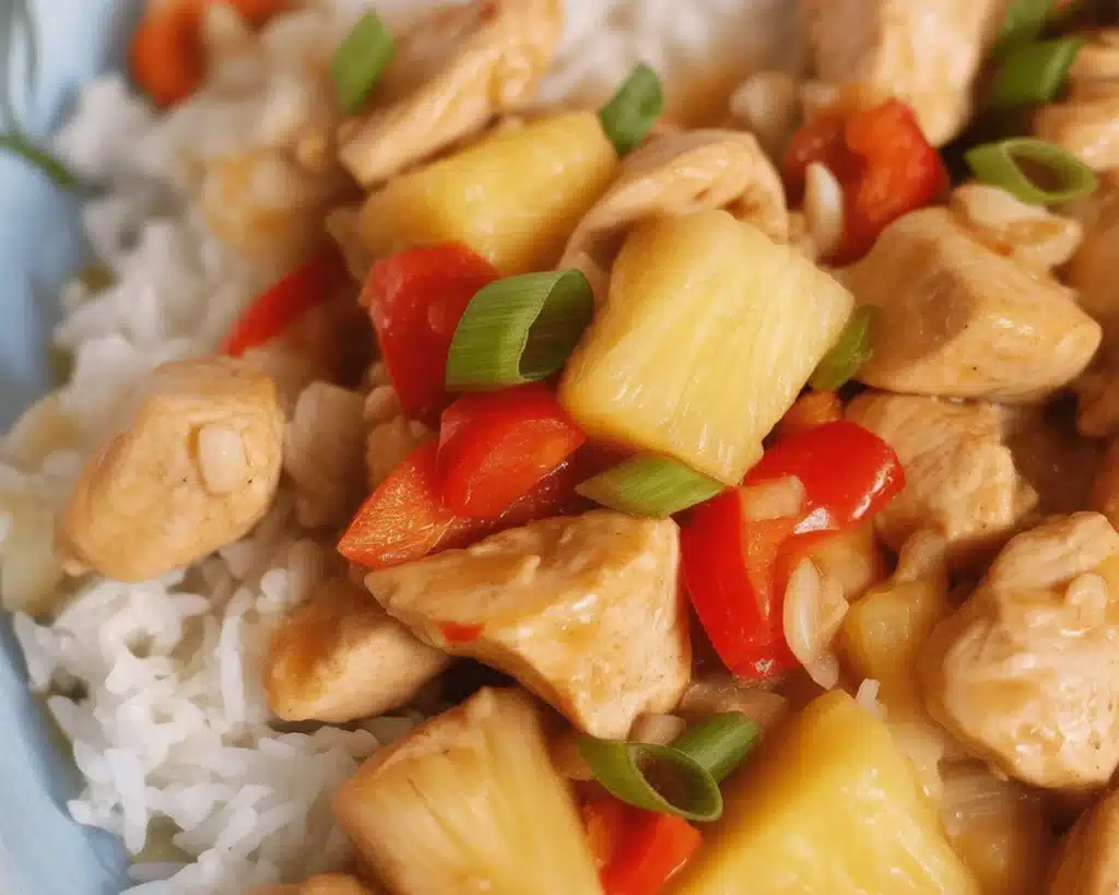 Pineapple chicken and rice skillet topped with juicy chicken and sweet pineapple.