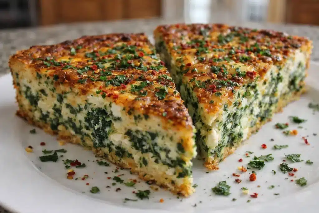 Healthy cottage cheese crustless quiche served on a plate