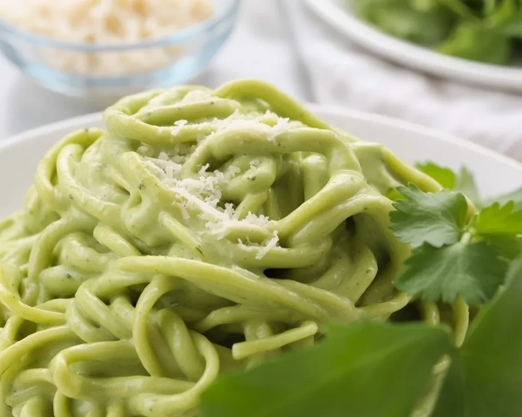 Creamy Espagueti Verde with roasted poblano pepper sauce and cilantro garnish.