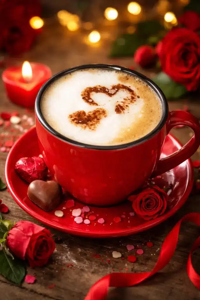 A beautifully crafted Love Potion Latte topped with heart-shaped foam art.