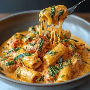 Creamy tomato garlic pasta garnished with fresh basil and Parmesan cheese