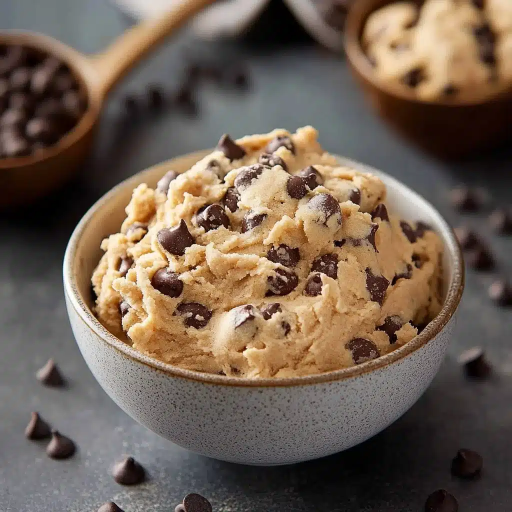 Delicious edible cookie dough in a bowl with chocolate chips