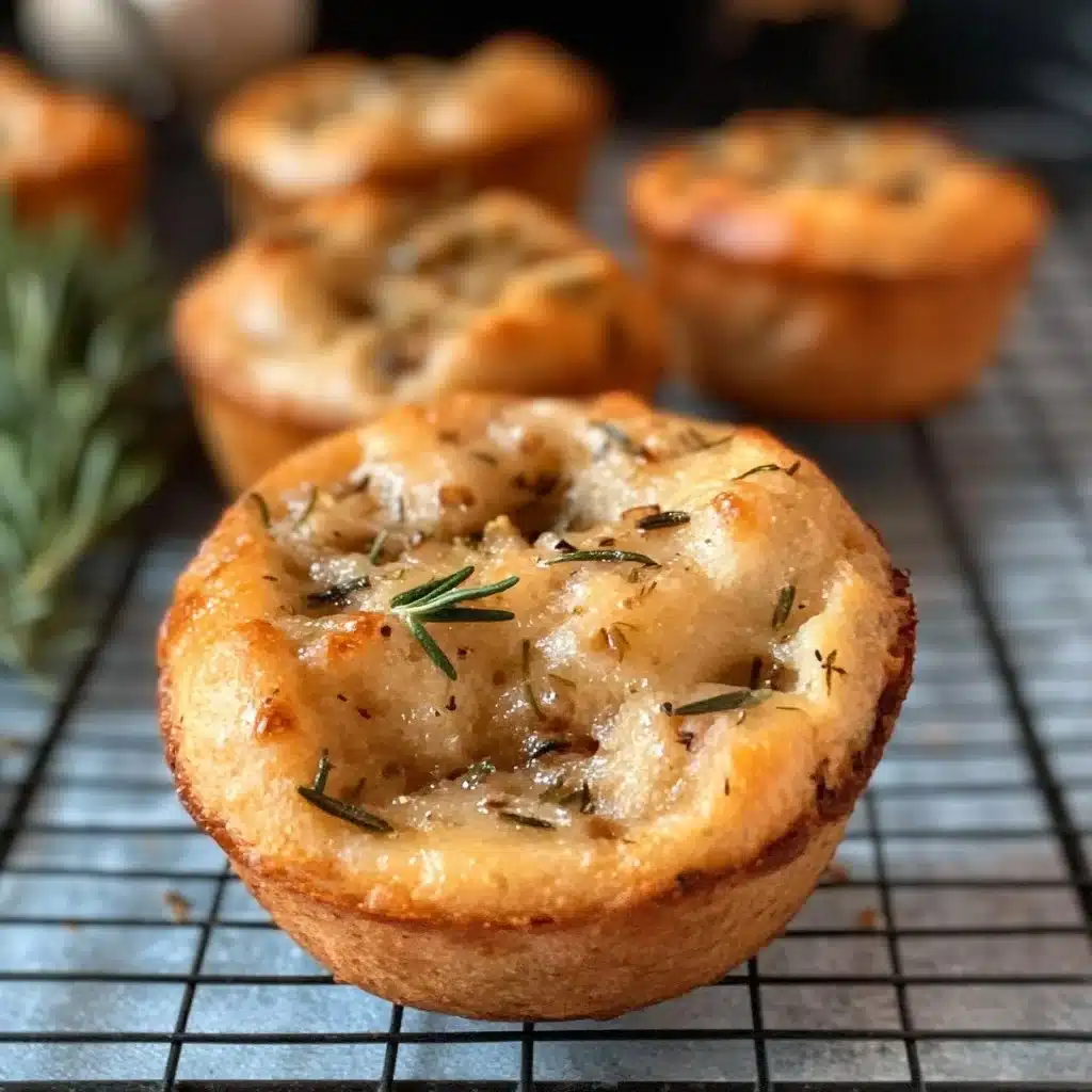 Golden crust garlic rosemary focaccia muffins on a wooden table