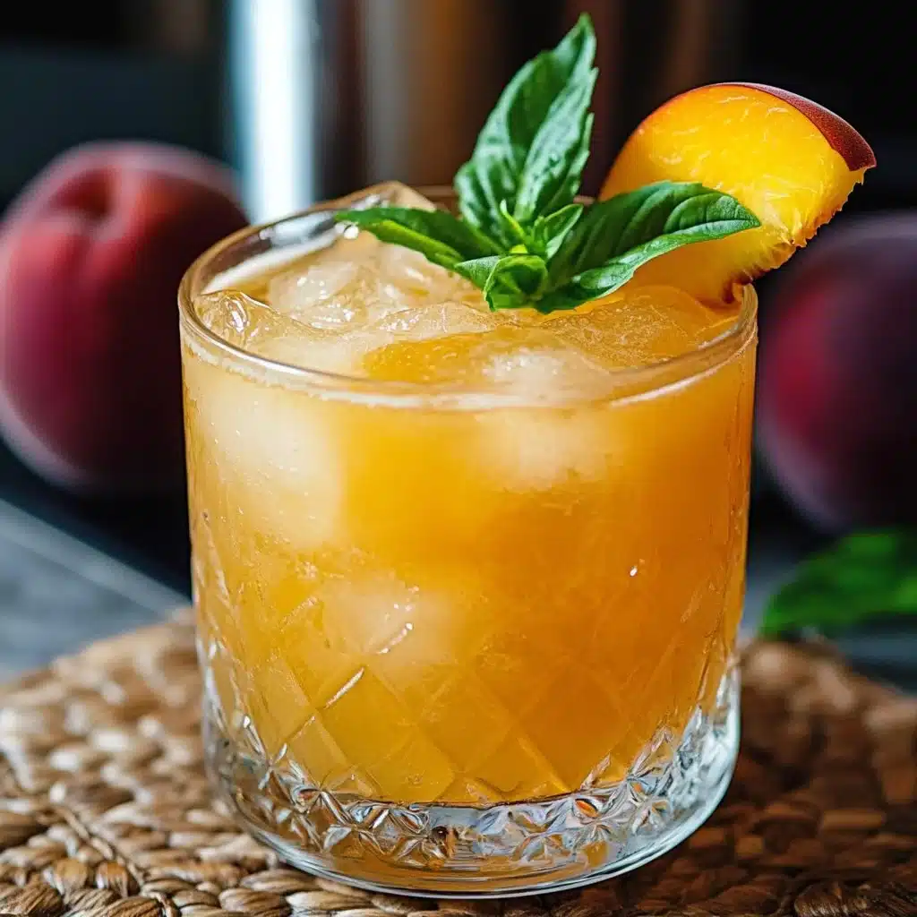 Refreshing Hot Honey Peach Bourbon Smash cocktail with a vibrant garnish