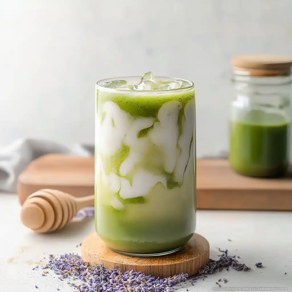 Chilled honey lavender matcha drink with colorful floral garnish.
