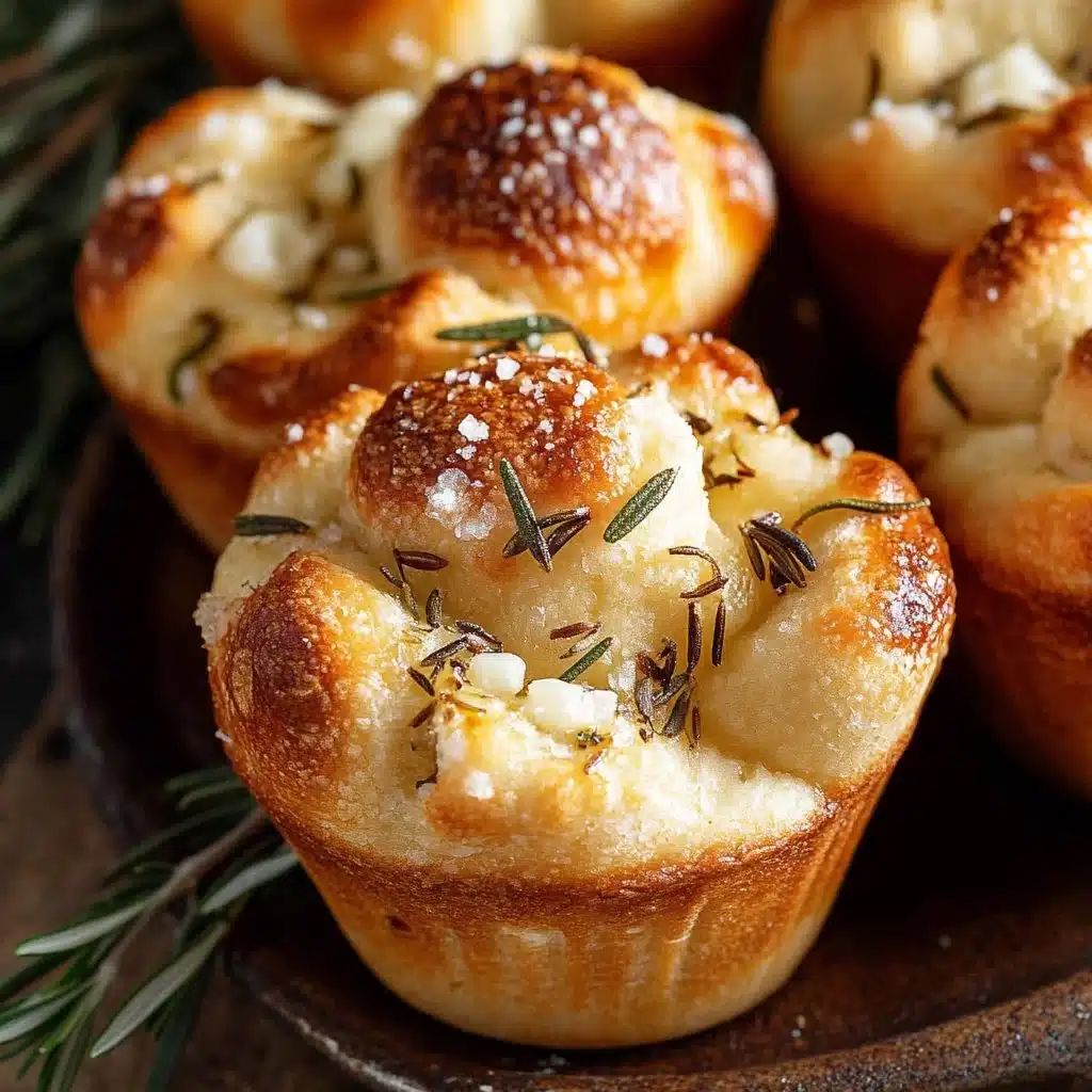 Freshly baked rosemary garlic focaccia muffins on a rustic table