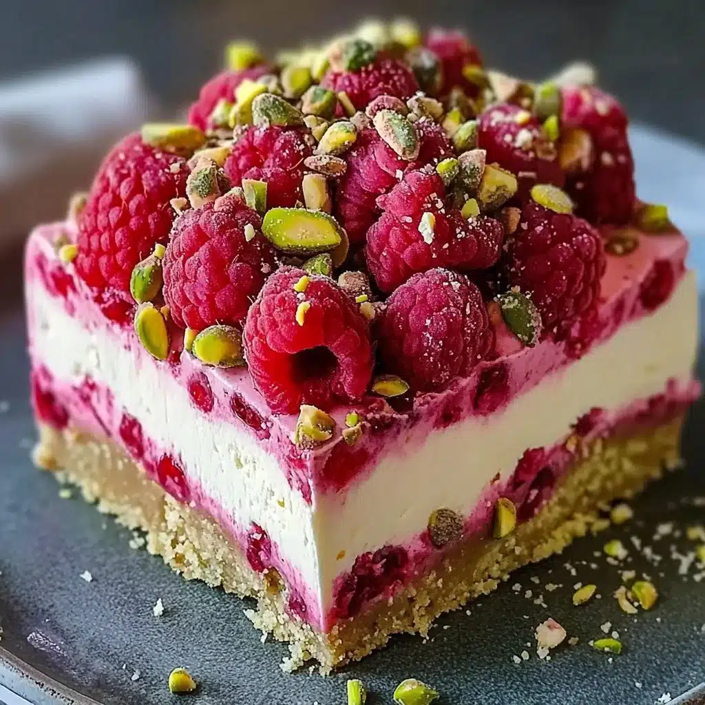 Delicious homemade Raspberry Pistachio Cheesecake topped with fresh raspberries and nuts