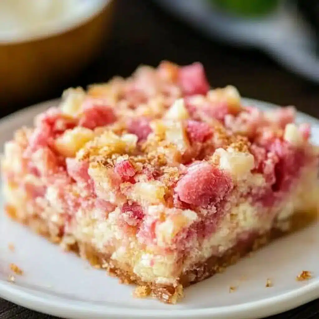Delicious rhubarb dream bars with a buttery crust and creamy filling.