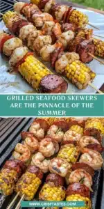Delicious grilled seafood skewers with shrimp, fish, and vegetables on a skewer.